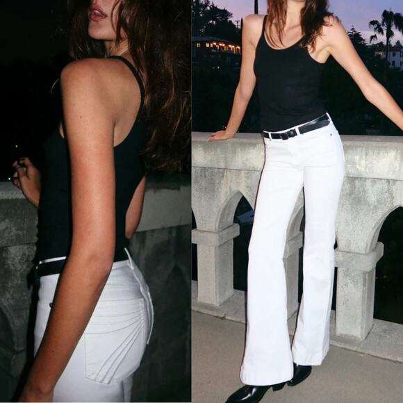 7 For All Mankind Tailorless Dojo Jeans US 26 White 7 Logo Pocket Flare Denim - Picture 1 of 14